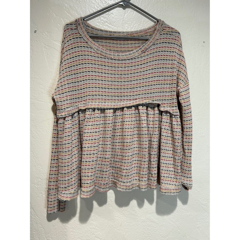 Womens Multi Color Dash Stripe Peplum Knit‎ Sweater Top Long Sleeve Relaxed Fit